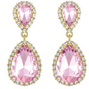 Yellow Gold with Pink Sapphire and Diamond Austrian Crystal Teardrop Earrings